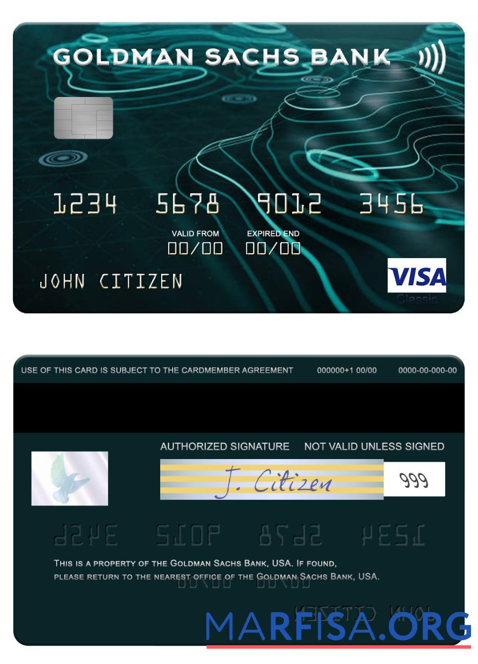 Realistic USA Goldman Sachs Bank visa card sample